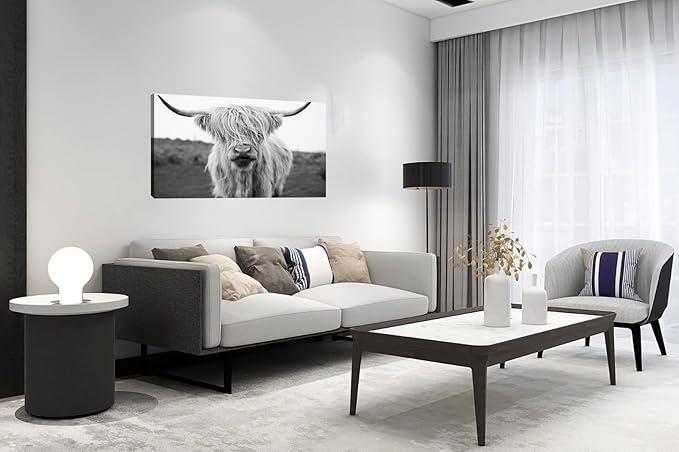 XXMWallArt FC3675 Highland Cow Canvas Art - Black and White Animal Wall Art for Living Room, Bedroom, Office Wall Decor