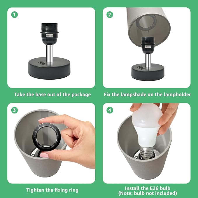 Small Bedside Lamp - Minimalist Table Lamp with Round Gray Fabric Shade - 9 Inch Desk Reading Lamp for Bedroom, Dorm, Living Room, Office - 1 Pack