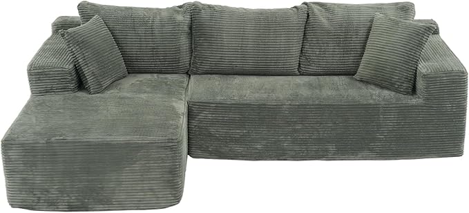 OC Orange-Casual 106.3" Cloud Sectional Couch with L-Shape Chaise,No Assembly Required Modular Sofa,Upholstered Boneless Couches for Living Room, Plush Corduroy Fabric (Green, Left Facing Chaise)
