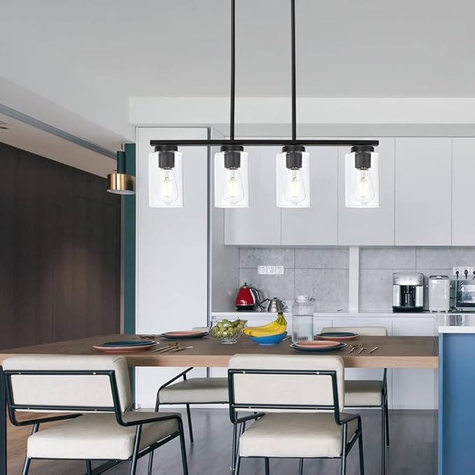 Black Pendant Light Fixtures with Clear Glass Shades, 4-Lights Linar Kitchen Island Light for Farmhouse Dining Room Kitchen Pool Table