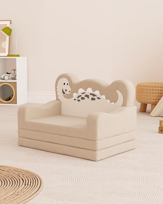 2-in-1 Kids Couch Fold Out, Convertible Toddler Couch to Lounger, Toddler Chair Comfy, Kids Sofa for Girls and Boys, Gift for Birthday, Children's Day, Dinosaur Beige
