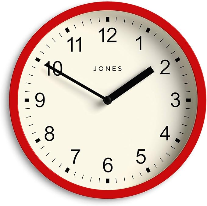 JONES CLOCKS® Spin Wall Clock | Small Modern Round Clock | 8inch | Red | Easy to Read Numbers | Ideal for Kitchen, Office, Children’s Room or Any Small Space