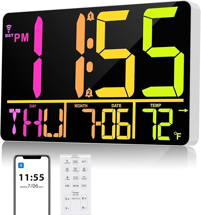 13" Bluetooth Auto Sync Wall Clock- Large Digital Alarm Clock with Remote, RGB Color Changing, 25 Ringtones, Adjustable Brightness, Auto DST, for Living Room, Kitchen, Office, Elderly