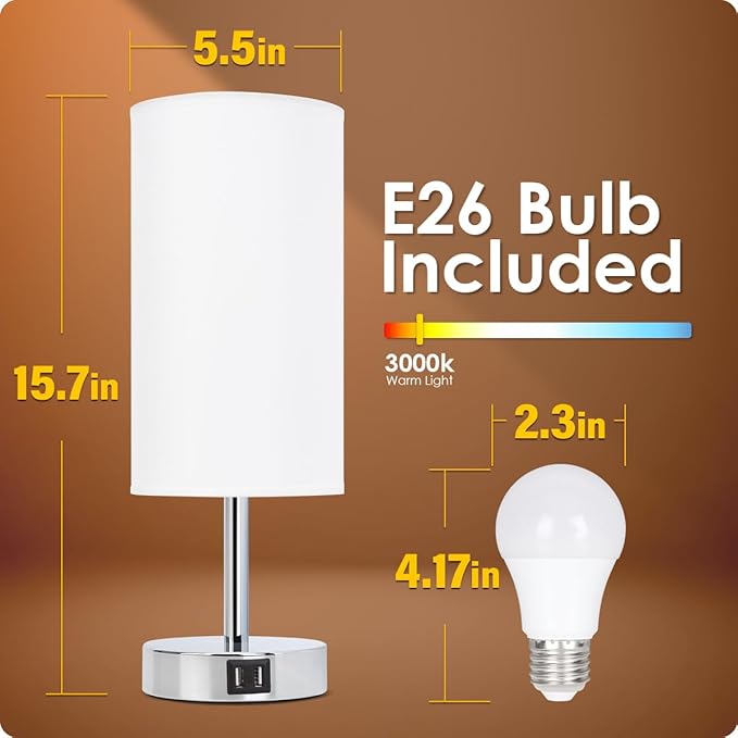 Yarra-Decor Bedside Lamp with USB Port - Touch Control Table Lamp for Bedroom 3 Way Dimmable Nightstand Lamp with Round White Fabric Shade for Living Room, Dorm, Home Office (LED Bulb Included)