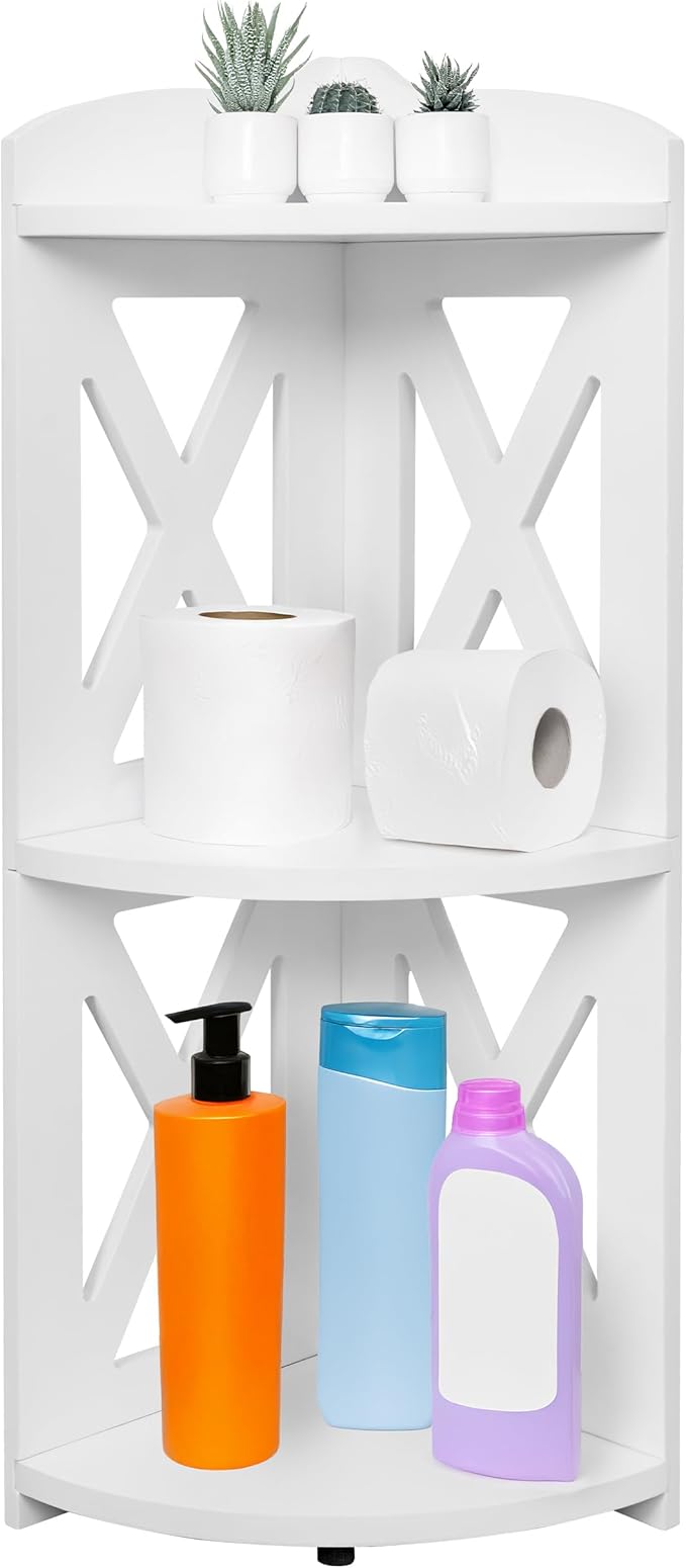 Corner Shelf Stand, Corner Bookshelf, Small Corner Shelves by Natural Wood, Plant Stand, Corner Bookcase for Living Room, Home Office, Bedroom, (White, 3 Tier X)