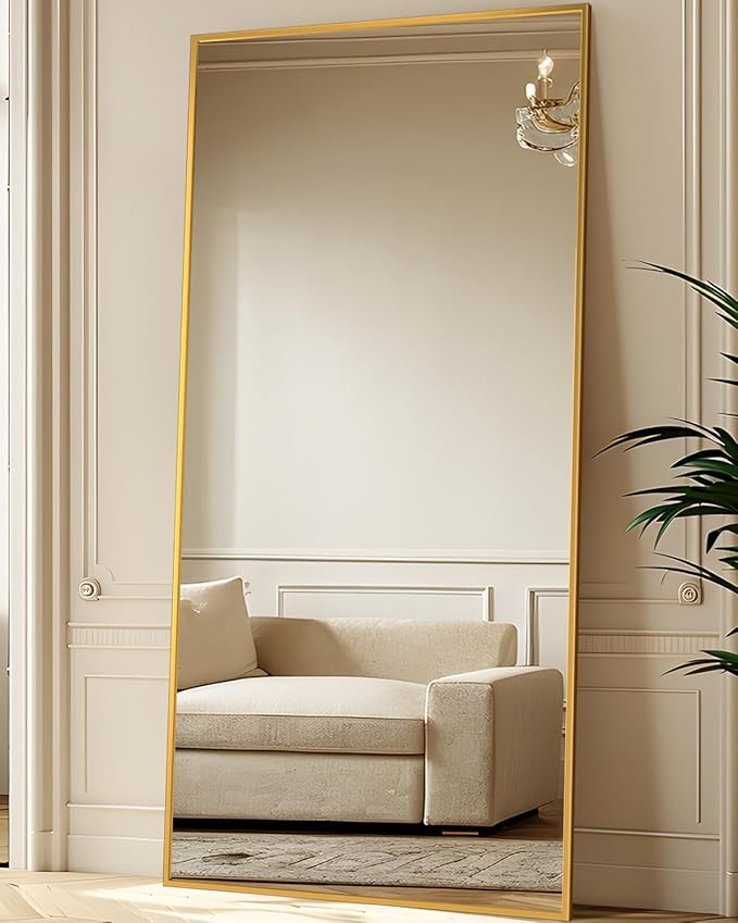 Antok Full Length Mirror, 71"x28" Floor Mirror with Stand, Hanging Mounted Mirrors for Bedroom, Living Room, Cloakroom, Dining Room, Gold, Rect