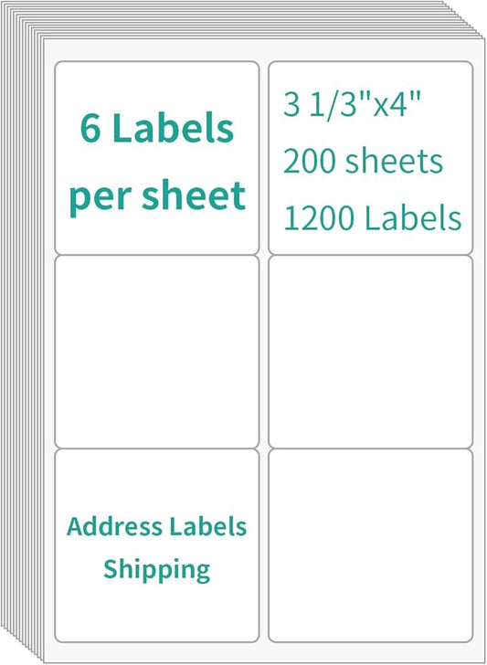 6 UP Labels, 4" x 3-1/3" Shipping Address Labels for Laser Inkjet Printer, Self Adhesive, Blank Mailing Paper (200 Sheet=1200)