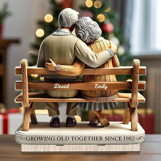 Custom Growing Old Together Christmas Decor, Personalized Couple on Bench Wooden Plaque, Heartfelt Gift for Parents or Grandparents, Romantic Holiday Keepsake for Him and Her