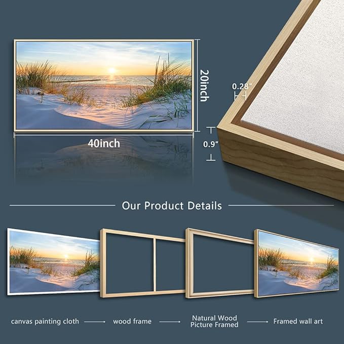 MHARTK66 Natural Wood Framed Wall Art for Living Room Modern Wall Decor for Bedroom Office Decor Beach Landscapes Painting Canvas Art Prints Ready to Hang Wall Pictures Blue Ocean Artwork 20" X 40"