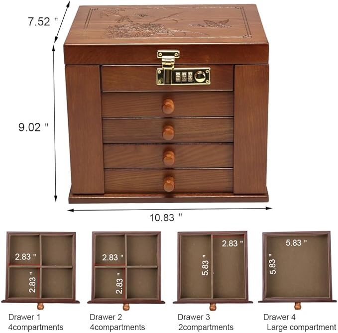FEECOZ Wooden Jewelry Box for Women, Jewelry Storage Box with Combo Lock for Jewelries, Necklaces, Rings, Vintage Style 4-drawer Organizer Box with Mirror (Dark Brown)