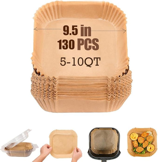 9.5 Inch Paper Air Fryer Liners Disposable,130 Pcs Square Air Fryer Paper Liners, Suitable for 5-10 Qt,Non-stick Parchment Paper for Frying