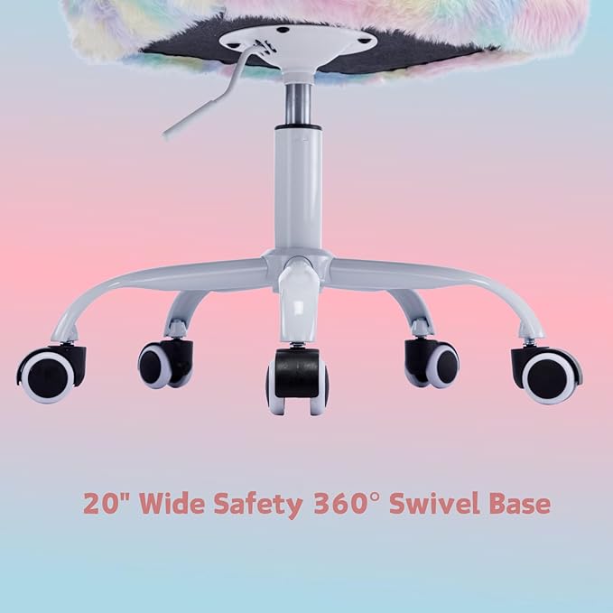 LukeAlon Kids Adjustable Desk Chair, Furry Study Chair with Swivel Base Cute Faux Fur Reading Chair Comfy Upholstered Computer Chair with Arms for Girls Children, Light Colorful