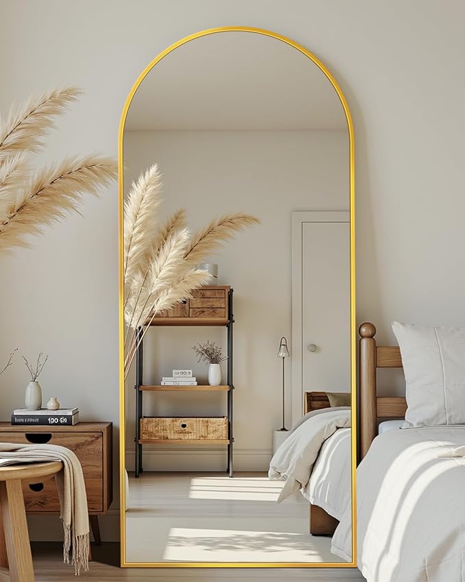 Full Length Mirror, 58"x21" Arched Full Body Mirror, Large Stand Up Aluminum Frame Floor Freestanding Hanging Leaning Mounted for Bedroom Living Room Entryway Gold