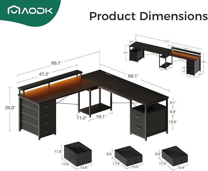 AODK 66" L Shaped Computer Desk, 113“ Reversible Home Office Desk with File Cabinet & 4 Fabric Drawers, Two Person Desk with LED Lights & Power Outlet, Corner Gaming Desk with Monitor Shelf, Black