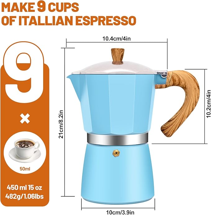 9 Cup Aluminum Espresso Stovetop Moka Pot Express Coffee Maker Percolator Italian Classic Mocha Coffee Machine for Italian and Cuban Cafe Brewing for Home & Camping 450ml 15oz