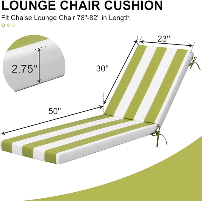 Crestlive Products Chaise Lounge Cushions Set of 2, Outdoor Cushions for Patio Furniture, Water Resistant Lounge Chair Cushion for Pool, Deck, Lawn, 80''L x 21''W, Green White Stripe