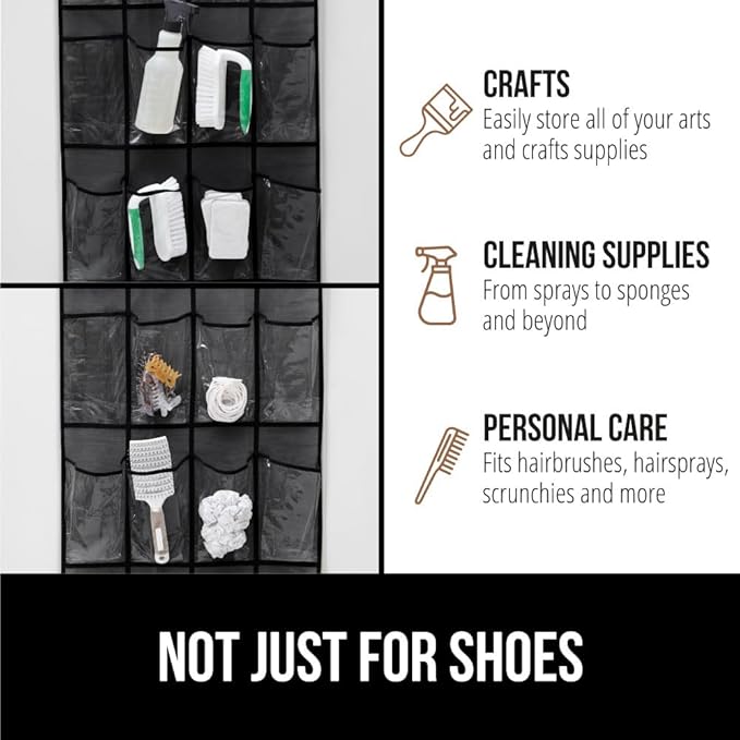 GORILLA GRIP Over the Door Shoe Organizer, 24 Large Breathable PVC Pockets, Space Saving Hanging Storage Holder, Closet Rack Hanger Holds Up to 40 lbs, Hangs on Closets for Shoes 2 Pack, Black