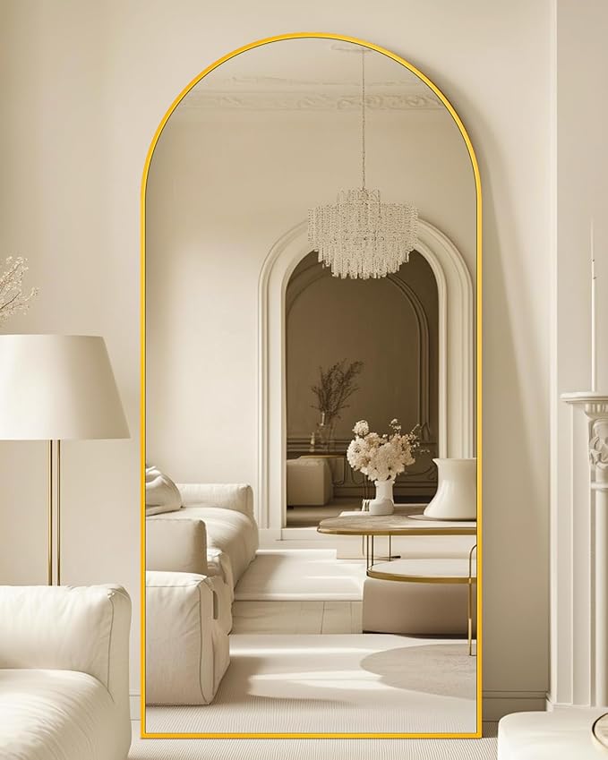 Full Length Mirror with Stand, 71"x32" Arched Full Body Mirror, Large Stand Up Mirrors, Aluminum Frame Floor Standing Mirrors, Freestanding Hanging Leaning Mounted for Bedroom Living Room, Gold