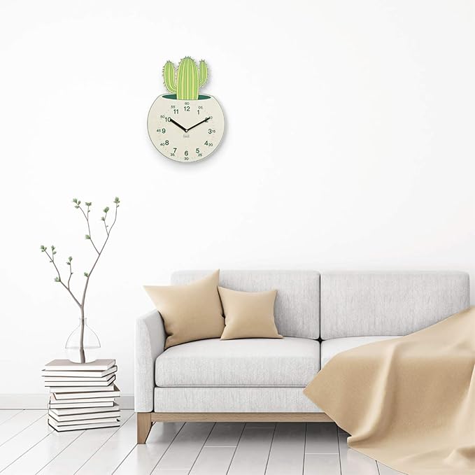 Silent 11-Inch Wall Clock for Indoor, Office, Home, Baby Room - Non-Ticking, Decorative, Modern, Kid-Friendly, Cactus (Green Cactus)
