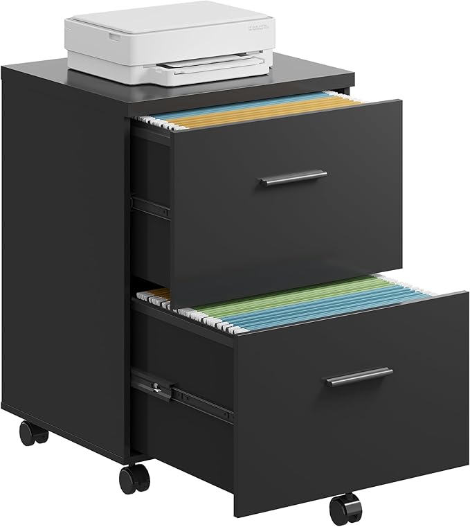 DEVAISE Wood File Cabinet, 2 Drawer Filing Cabinet for Home Office, Vertical File Cabinets with Wheels fits A4/Letter/Legal Size File, Black
