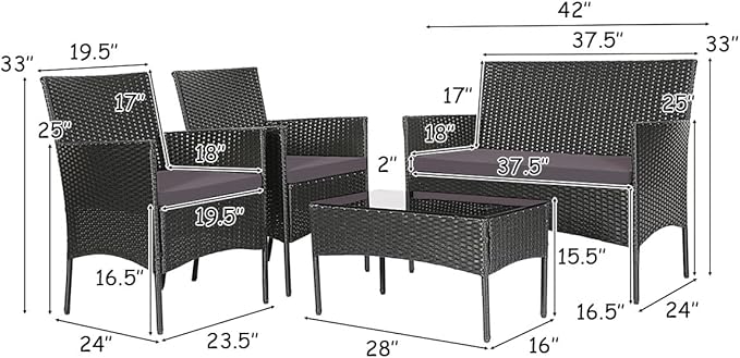 Tangkula 4 Pieces Patio Furniture Set, Outdoor Wicker Conversation Set with Tempered Glass Tabletop, Rattan Sofa and Chairs Set with Off White & Grey Cushion Covers