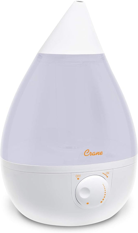 Crane White Drop Ultrasonic Cool Mist Teardrop Humidifier, 1 Gallon Tank, Baby Humidifier for Nursery, Bedroom, Plants, Office, Adjustable Mist Levels