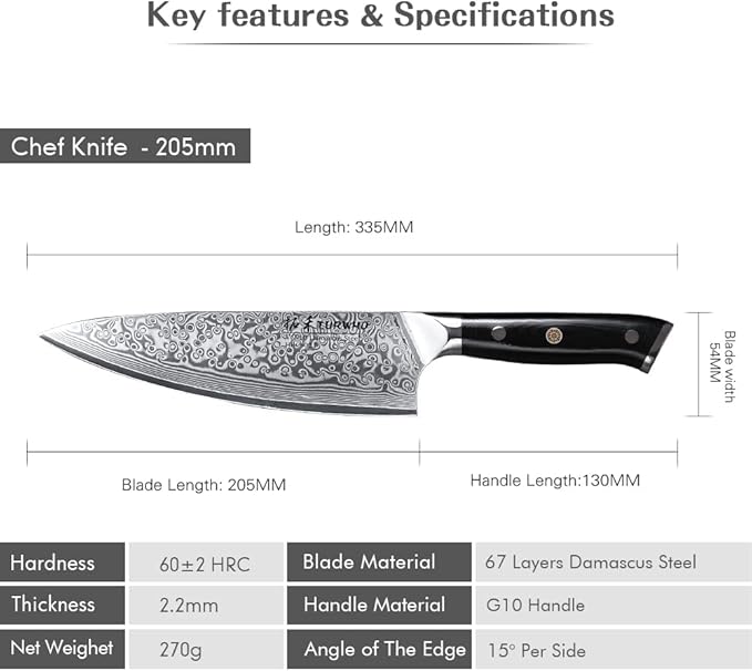 Chef Knife 8 Inch - Classic Damascus Pattern Professional Chef's Knives Japanese VG-10 Steel Kitchen Knives