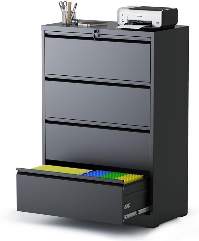 AQY 4 Drawer File Cabinet with Lock,Metal Lateral File Cabinets for Home Office,Steel Wide Filing Organization Storage Cabinets for Hanging Files Letter/Legal/F4/A4 Size Assembly Required(Black)