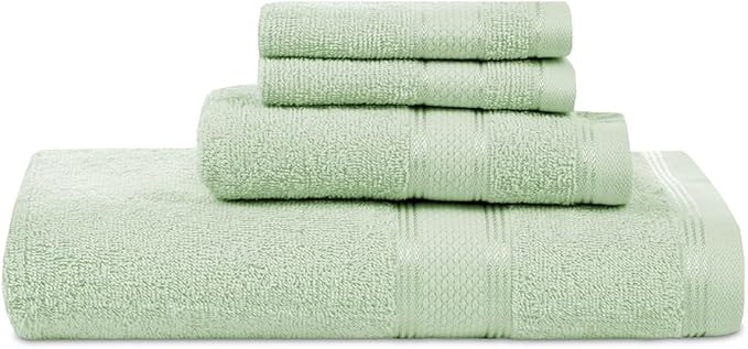 Casa Lino 4 Piece Bath Towel Set | 1 Bath Towel, 2 Wash Cloth, 1 Hand Towels | Bathroom Essentials for New Home, 100% Cotton Luxury Towels, Highly Absorbent Bathroom Set, Light Sage