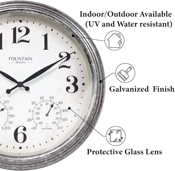 Maison in/Outdoor Clock with Thermometer, 2 in One Weather Station (Weather Thermometer/Wall Decoration) (Galvanized, 18 inch)