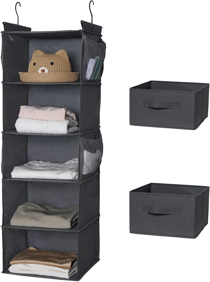 MAX Houser 5 Tier Shelf Hanging Closet Organizer, Cloth Hanging Shelf with 2 Sturdy Hooks for Storage, Foldable (Grey-D2)