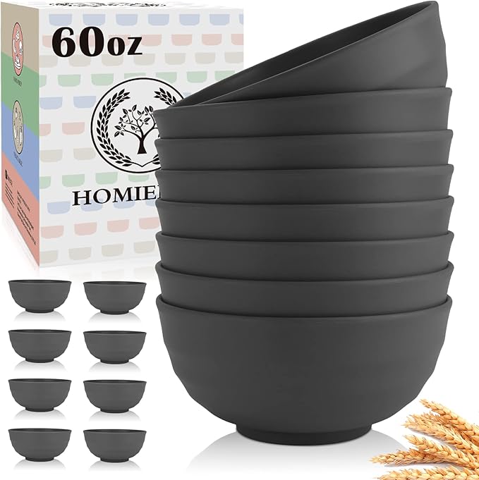 Homienly Wheat Straw Bowl Set, 60 OZ Unbreakable Lightweight Salad Bowls Set of 8, Bowls for Serving, Soup, Cereal, Dinner, Ramen, Microwave and Dishwasher Big Bowl for Kitchen, Camping(Grey, 60 OZ)