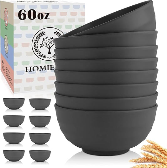 Homienly Wheat Straw Bowl Set, 60 OZ Unbreakable Lightweight Salad Bowls Set of 8, Bowls for Serving, Soup, Cereal, Dinner, Ramen, Microwave and Dishwasher Big Bowl for Kitchen, Camping(Grey, 60 OZ)