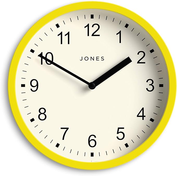 JONES CLOCKS® Spin Wall Clock | Small Modern Round Clock | 8inch | Yellow | Easy to Read Numbers | Ideal for Kitchen, Office, Children’s Room or Any Small Space