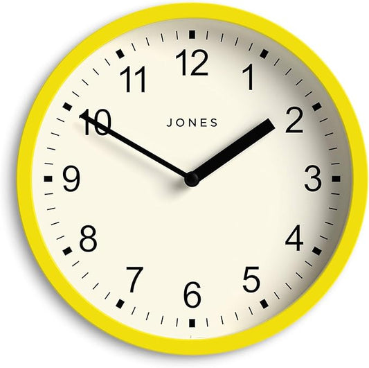 JONES CLOCKS® Spin Wall Clock | Small Modern Round Clock | 8inch | Yellow | Easy to Read Numbers | Ideal for Kitchen, Office, Children’s Room or Any Small Space