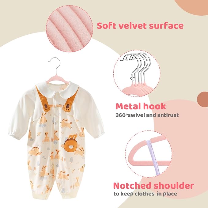 ManGotree 11" Baby Velvet Hangers, Non-Slip Infant Coat Hangers, Ultra-Thin Toddler Felt Hanger with 360° Swivel Hook, Space Saving Children's Hanger for Kids Clothes, 48 Pack (Light Pink)