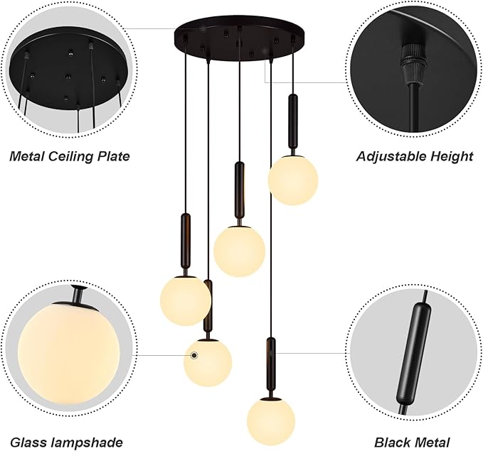 Modern Black Pendant Light Hanging Fixture Light for Kitchen Island Mid Century with Globe Pendant Light Milk White Glass Pendant Lighting for Living Room Bedroom Entryway (5 Lights)