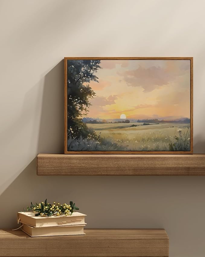 InSimSea Framed Canvas Wall Art, Vintage Wall Decor, Fall Landscape Watercolor Painting for Living Room, Bedroom Earthy Country Autumn Sunset Print Pictures Decorations,12x16inch