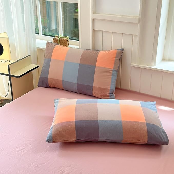 FACE TWO FACE Bedding Duvet Cover Set100% Washed Cotton Duvet Cover Linen Like Textured Breathable Durable Soft Comfy (California King, Cookie Powder Grid)