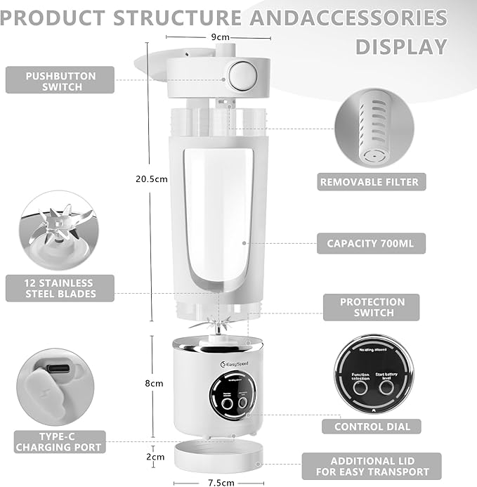 EasySpeed Personal Portable Blender,USB Type-C Rechargeable,700ml Juicer Cup,12 Stainless Steel Blades,4 Gear Modes,1500mAh Battery Capacity,Perfect for Fresh Juice at Home (White)