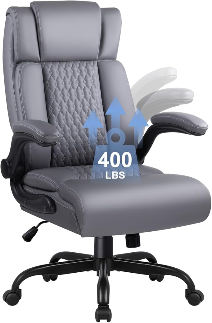 Leather Office Chair Desk Chair, Comfortable Office Desk Chair Computer Chair with Adjustable Flip-up Armrest, Ergonomic Executive High Back Tall Chairs with Smooth Wheels, Grey