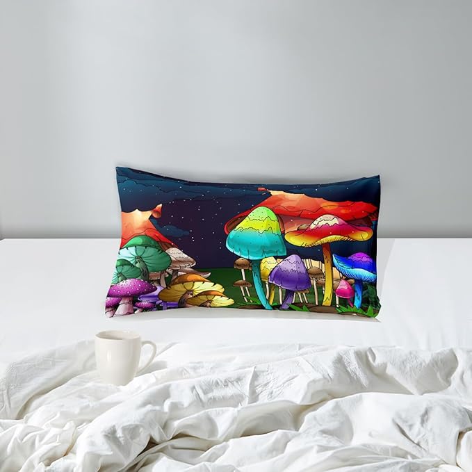 Mushroom Twin Comforter Set for Boys Cartoon Colorful Mushroom Bedding Set Night Sky Mushroom Comforter Set for Boys Bedroom All-Season Breathable Cute Mushroom Quilt with Pillowcase