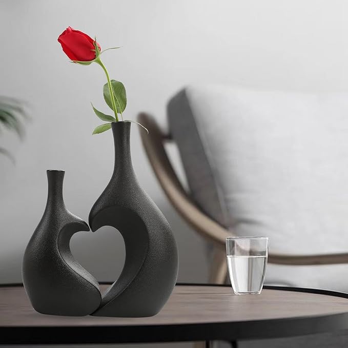 Black Ceramic Vase Set of 2, Heart Shaped vase, Matte Frosted Texture Finish,Farmhouse Decor, Home Decor, Decorative Vase, Vases for Your Bedroom, Office, Living Room, Bathroom (Black)