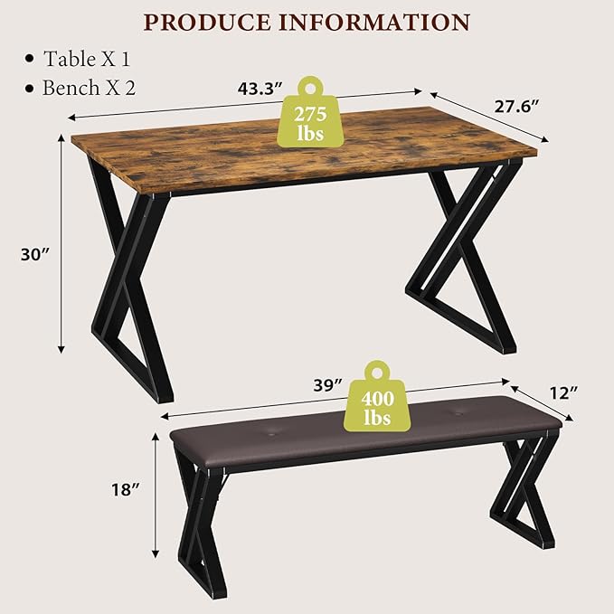 GAOMON Dining Table with 2 Benches, Kitchen Table Set for 4, 3 Piece Dining Table Set for Small Space, Apartment, Saving Space for Kitchen, Dining Room (0.75'' Inch Cusion)