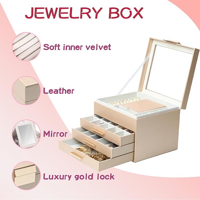 BOOVO Clear Lid Jewelry Box,4 Layers Jewelry Organizer Large Jewelry Storage Box with 3 Drawers,Jewelry Holder Organzier of Rings Earrings Necklace Bracelets for Women (Champagne, 4 Layer)