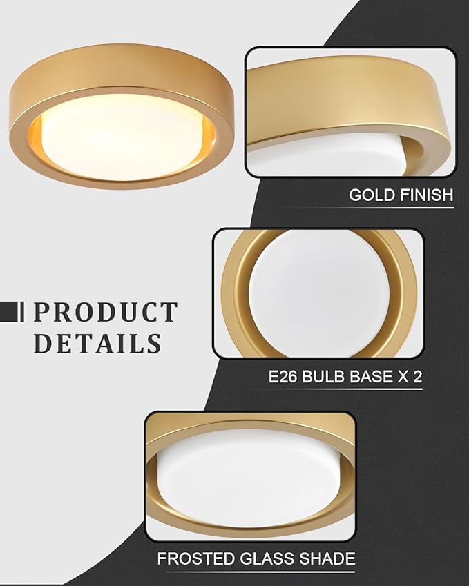 13 Inch Flush Mount Ceiling Light,Gold Finish Plate with Frosted Glass Shade,Round Ceiling Lighting Fixture for Hallway Bedroom Closet Livingroom Kitchen Stairwell (Gold)