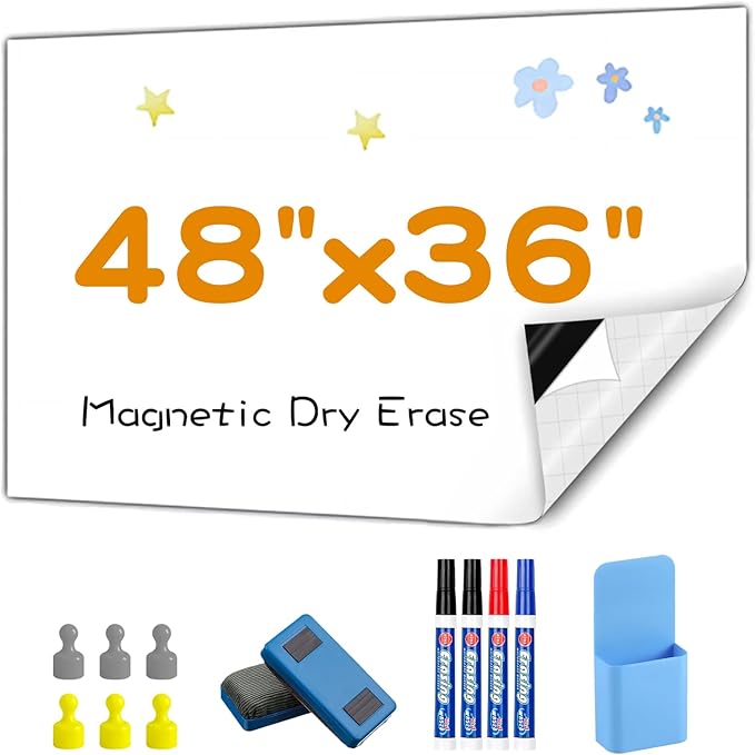 Magnetic Whiteboard Contact Paper, 36" x 48" Stick on Magnetic Dry Erase White Board Sticker on Wall, Easy to Write for Kids Drawing, School, Office, Kitchen Fridge