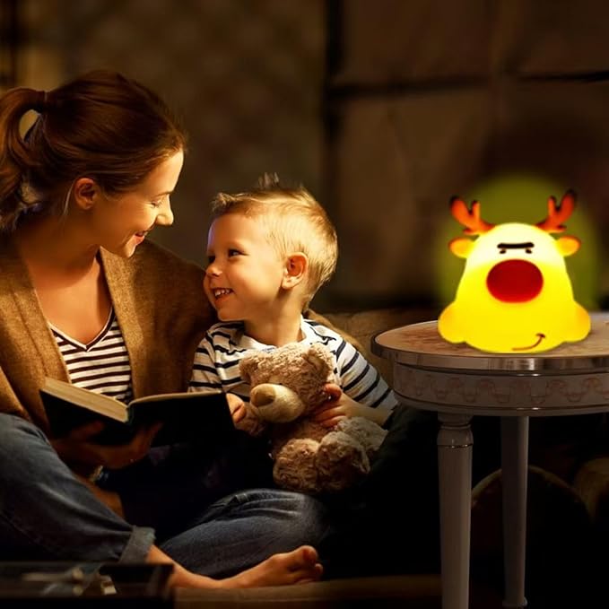 Eco-Friendly Reindeer Night Light - Energy Efficient LED Desk Lamp, Rechargerable Dimmable Nursery Soft Touch Bedside Baby Squishy Night Light, Portable Nightlight for Adults/Kids