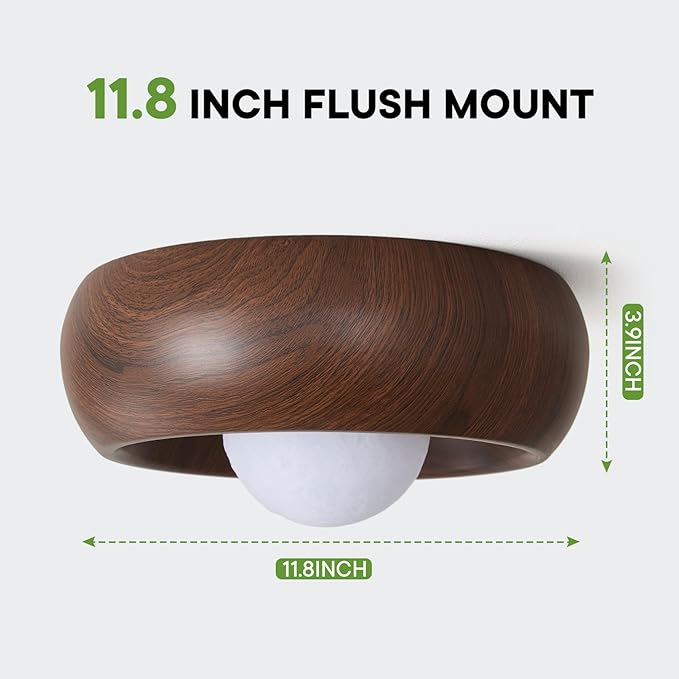 11.8 Inch Flush Mount Ceiling Light with 3D Printing Materials Moon Shade, Brown Imitation Wood Grain Modern Ceiling Light for Bedroom, Living Room, Hallway,Porch