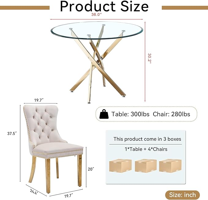 Goujxcy Small Round Dining Table Set for 4, Modern Glass Kitchen Table Chairs Set of 4, 5-Piece Dining Table Set w/36 Circle Gold Glass Dining Room Table and 4 Beige Upholstered Dining Chairs